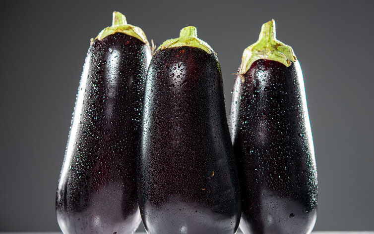 aufrechte Aubergine neben weiteren aufrechten Auberginen