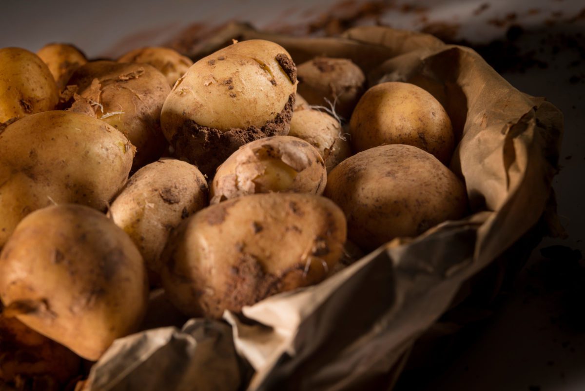 Kartoffel in brauner Tüte liegend