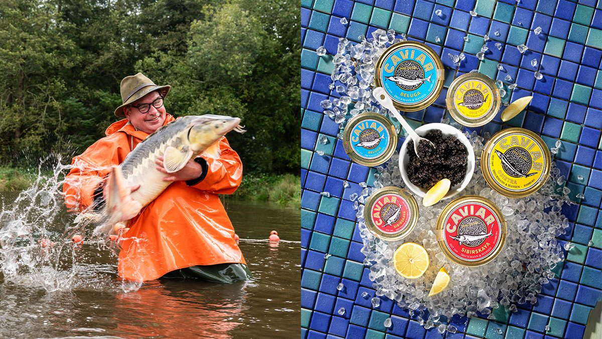 Mann der einen großen Fisch im Fluss in den Händen hällt und Kavier.