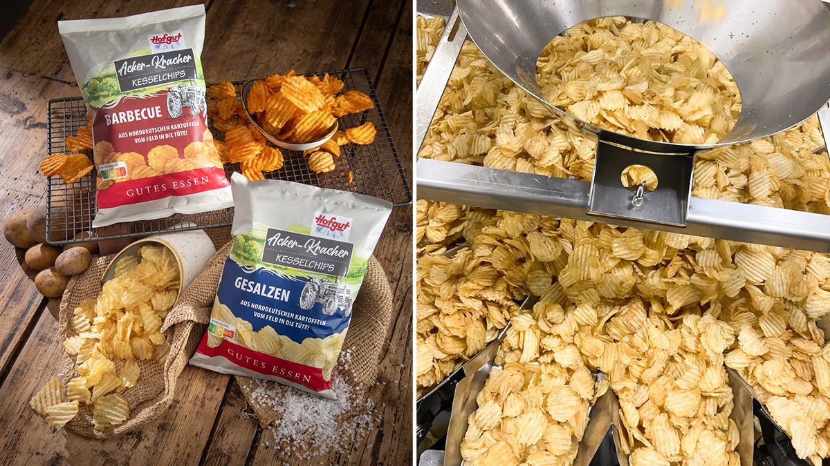 Links: Fertige Ackerkracher Chips Rechts: Produktion der Hofgut Ackerkracher