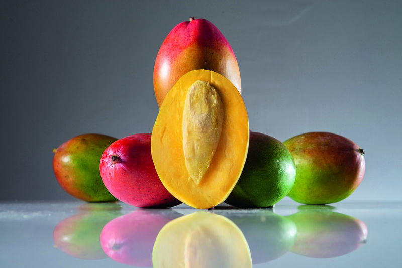 stehende, halbierte Mango vor liegenden, ganzen Mangos