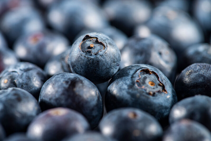 Heidelbeere auf einem Haufen Heidelbeeren liegend