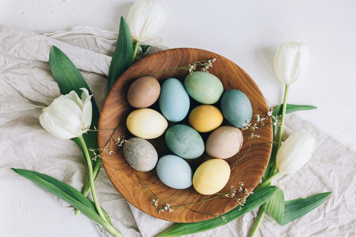 Mit famila ein egg-zellentes Ostern genießen! Ein osterlicher Korb voller bunt gefärbter Eier.