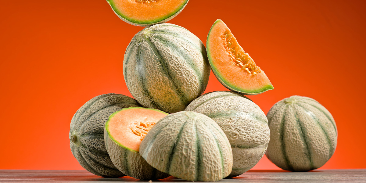 Cantaloupe-Melonen auf einem Haufen, ganz und geschnitten.